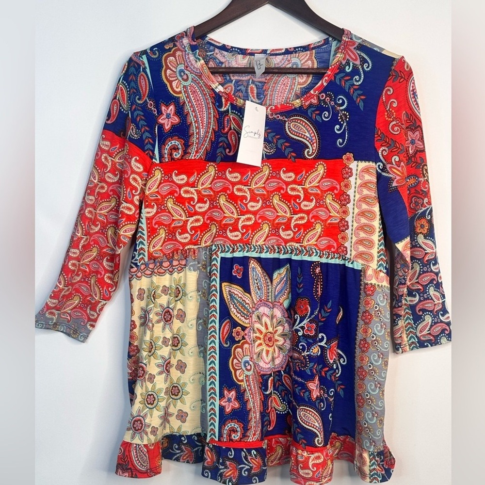 Simply Obsessed Womens Medium Paisley Patchwork Babydoll Tunic Top 3/4 Sleeve